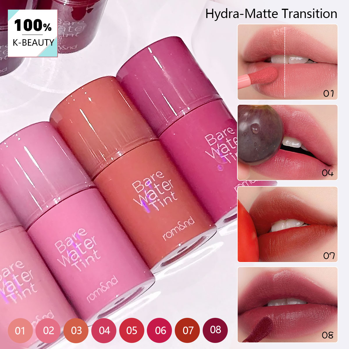 Lip Tint Korean - rom&nd BARE MOOL TINT, Waterlichte textuur,