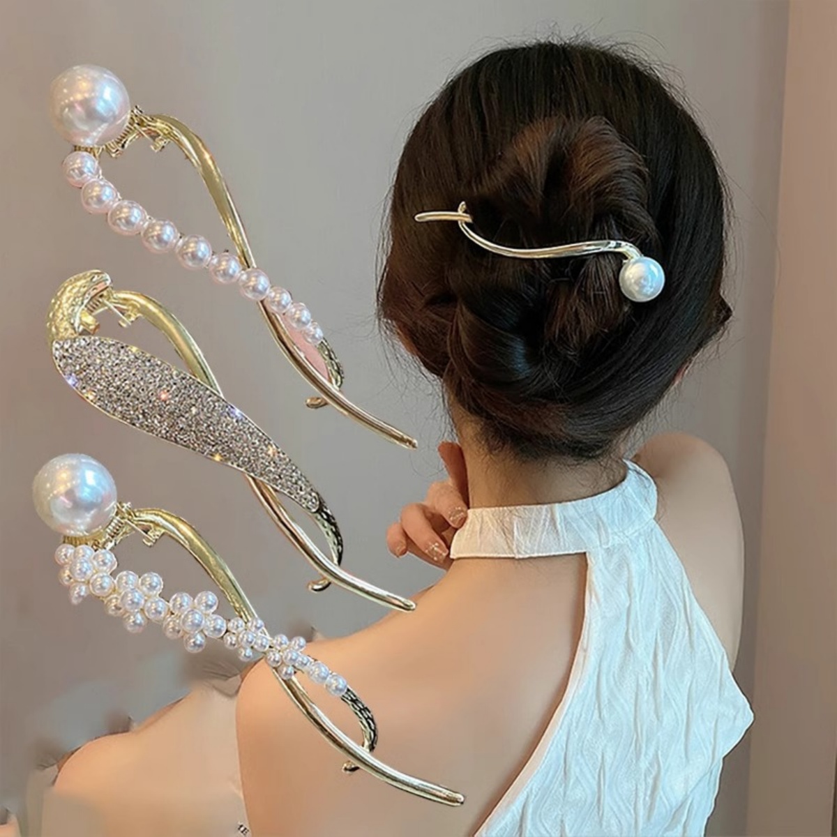 Korean Women Lifestyle - Elegante glitter parel haarclip voor vrouwen